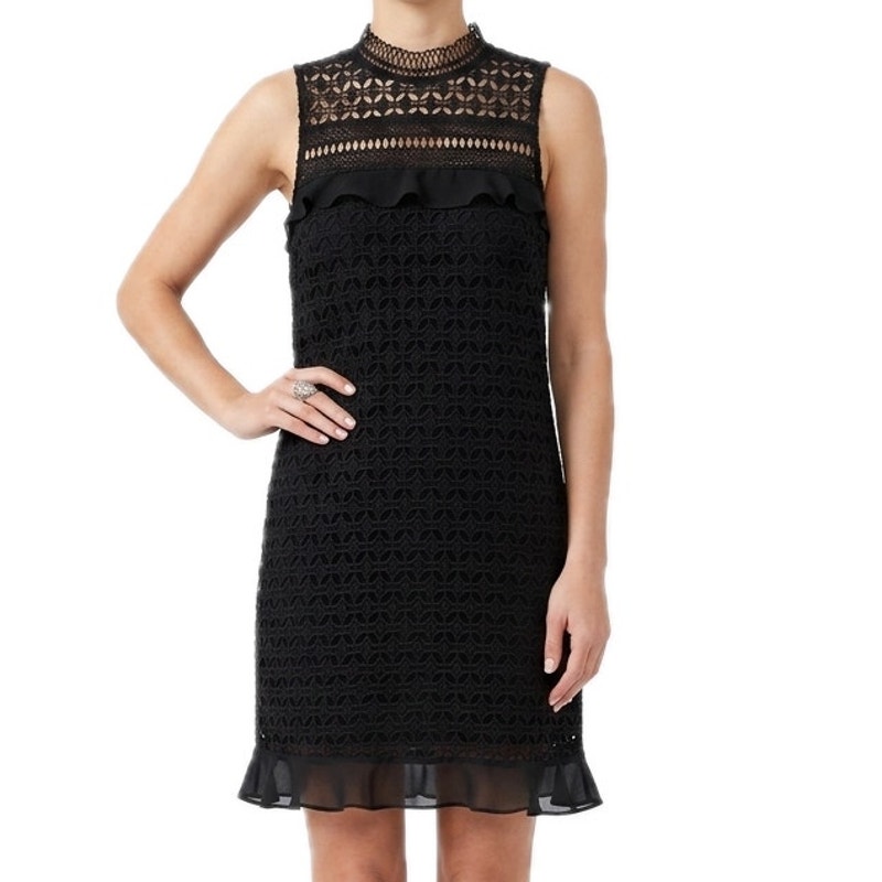 Impeccable Pig Black Crochet High Neck Mini Shift Sheath Sleeveless Dress Size S